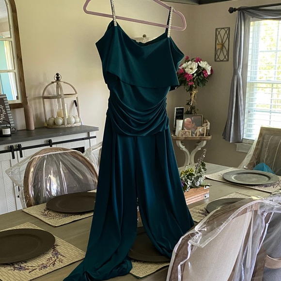 R&M Richards Pants - R&M Richards Teal Formal Jumpsuit with Embellished Straps.